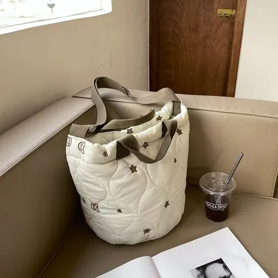 Zipper Crossbody Bag, Quilted Bucket Bag, Large Capacity Mommy Bag 